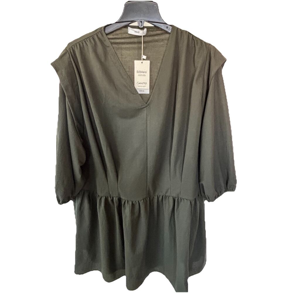 MNG Olive Green Lagenlook Dress 3/4 Puff Sleeve V-Neck Peplum Drop Waist Size 8